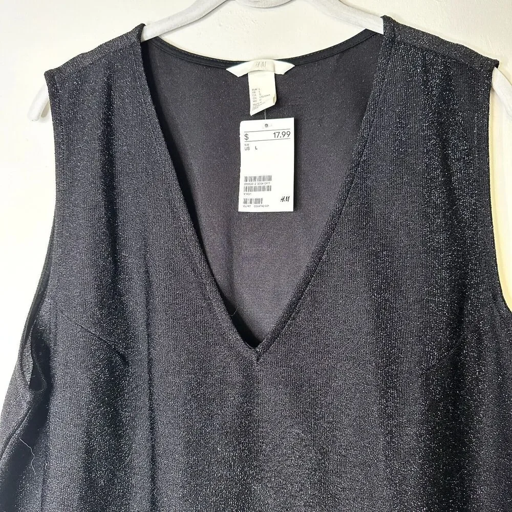 H&M Dress Women L Black Mini V-neck Shimmery Shift Party Evening Clubwear NWT - Picture 3 of 5